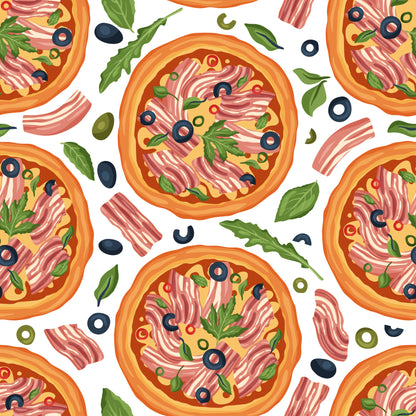 pizza pattern, food motif, orange crust, pink bacon, green basil, black olives, yellow cheese, white background, seamless repeat, italian cuisine, cooking theme, kitchen fabric, quilting cotton, fabric panel, colorful illustration, cartoon style, tossed design, culinary print, recipe inspired, mediterranean food
