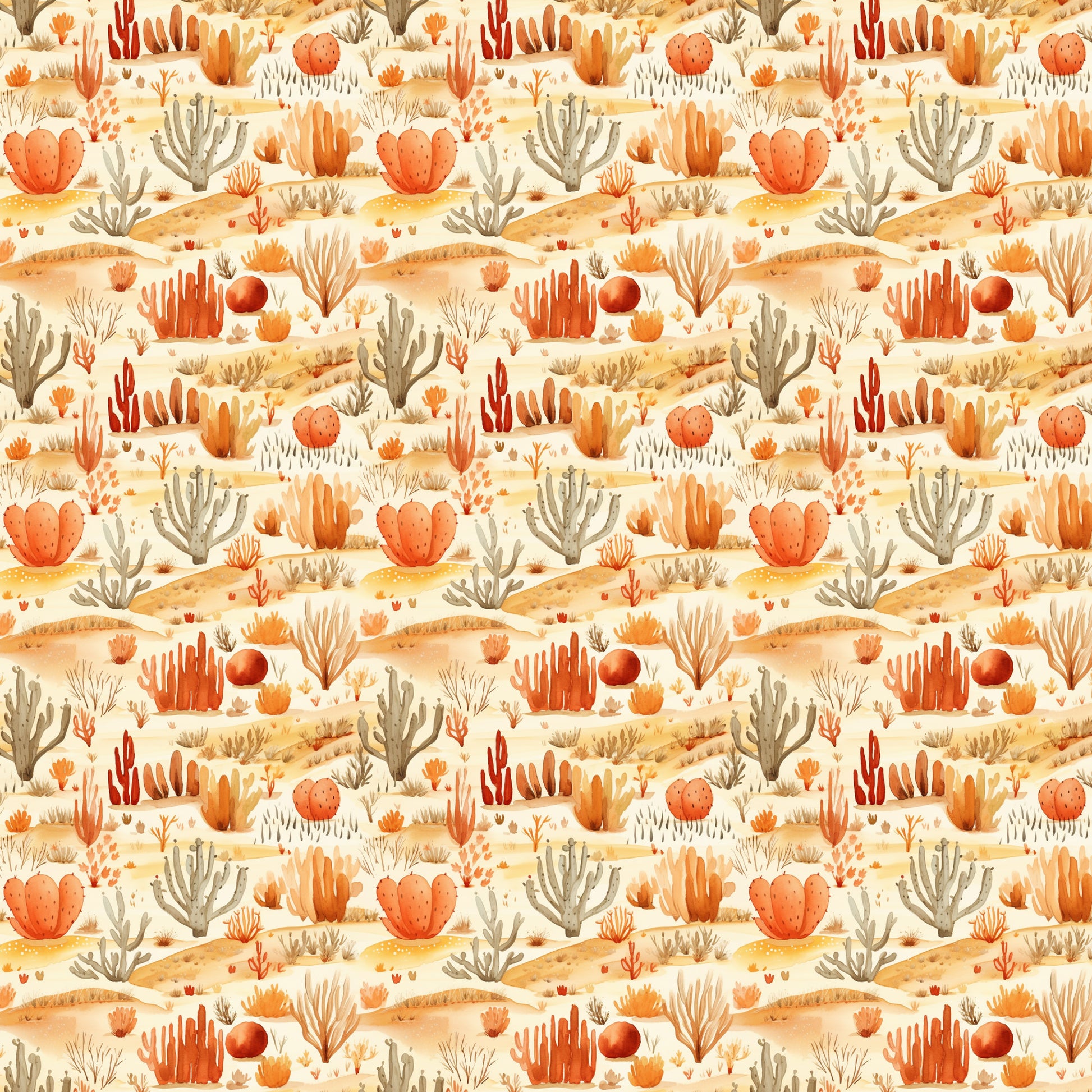 desert landscape, cactus plants, succulents, orange tones, coral colors, peach hues, beige background, sandy terrain, southwestern pattern, watercolor style, repeating motif, quilting cotton, fabric panel, warm palette, desert flora, prickly pear, barrel cactus, desert sunrise, bohemian aesthetic, nature inspired