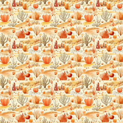 desert landscape, cactus plants, succulents, orange tones, coral colors, peach hues, beige background, sandy terrain, southwestern pattern, watercolor style, repeating motif, quilting cotton, fabric panel, warm palette, desert flora, prickly pear, barrel cactus, desert sunrise, bohemian aesthetic, nature inspired