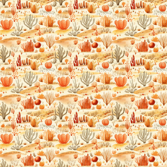 desert landscape, cactus plants, succulents, orange tones, coral colors, peach hues, beige background, sandy terrain, southwestern pattern, watercolor style, repeating motif, quilting cotton, fabric panel, warm palette, desert flora, prickly pear, barrel cactus, desert sunrise, bohemian aesthetic, nature inspired