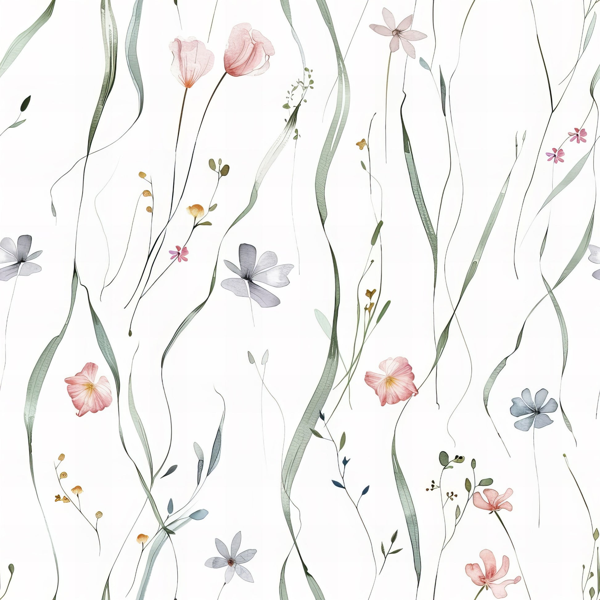 soft pink, sage green, lavender, white background, wildflowers, delicate florals, hand-drawn style, watercolor effect, meadow flowers, botanical pattern, quilting cotton, fabric panel, spring blooms, gentle pastels, flowing stems, scattered petals, feminine design, nature inspired, cottage core, seamless repeat