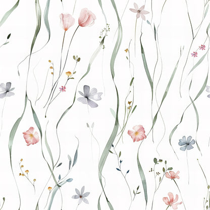 soft pink, sage green, lavender, white background, wildflowers, delicate florals, hand-drawn style, watercolor effect, meadow flowers, botanical pattern, quilting cotton, fabric panel, spring blooms, gentle pastels, flowing stems, scattered petals, feminine design, nature inspired, cottage core, seamless repeat