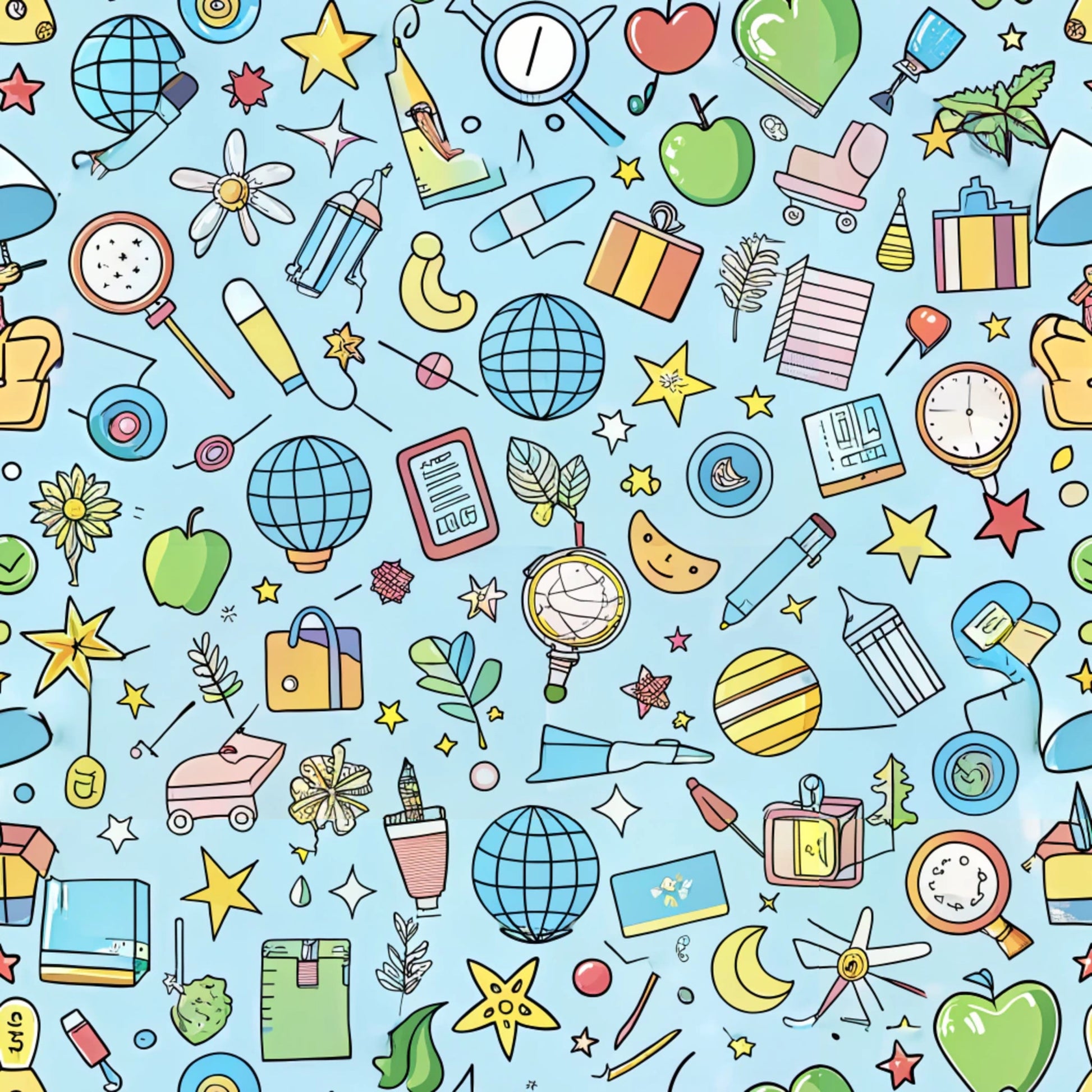 light blue background, school supplies, educational icons, apples, globes, stars, clocks, magnifying glass, pencils, books, notebooks, leaves, geometric shapes, whimsical illustration, cartoon style, colorful scattered objects, back to school theme, quilting cotton, fabric panel, cheerful pattern, multicolored design, doodle style