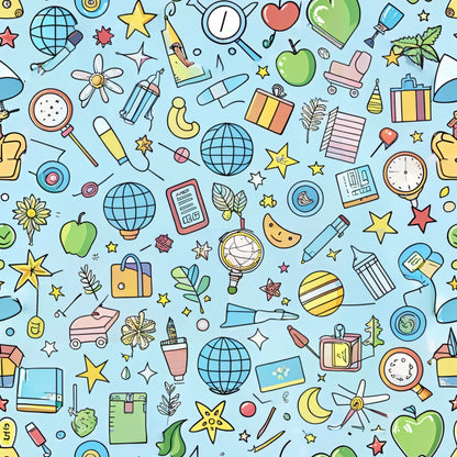 light blue background, school supplies, educational icons, apples, globes, stars, clocks, magnifying glass, pencils, books, notebooks, leaves, geometric shapes, whimsical illustration, cartoon style, colorful scattered objects, back to school theme, quilting cotton, fabric panel, cheerful pattern, multicolored design, doodle style