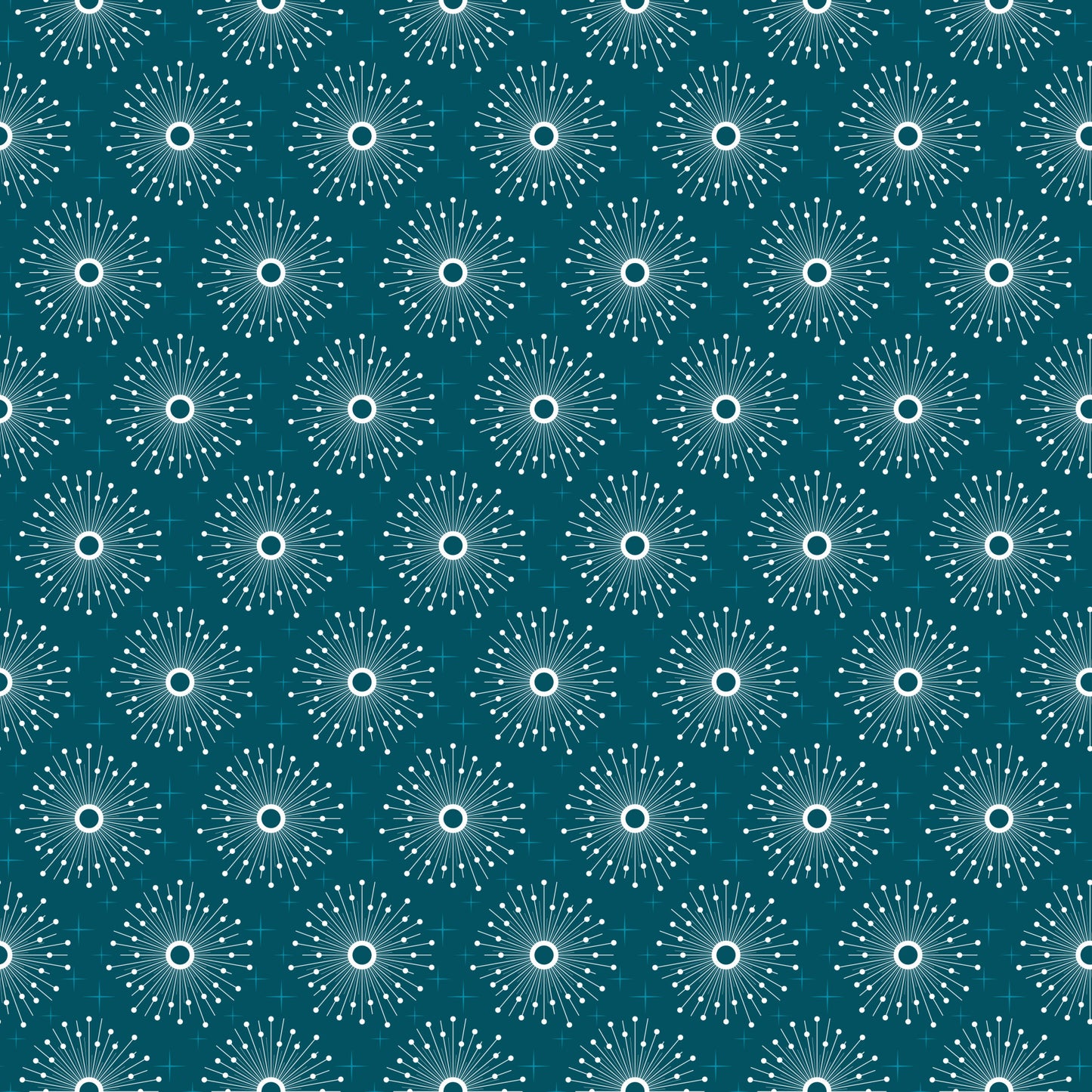 teal, turquoise, white, atomic starburst, mid-century modern, geometric pattern, radiating lines, circular motifs, retro style, sunburst design, quilting cotton, fabric panel, repeating pattern, dots, lines, vintage inspired, 1950s aesthetic, craft fabric