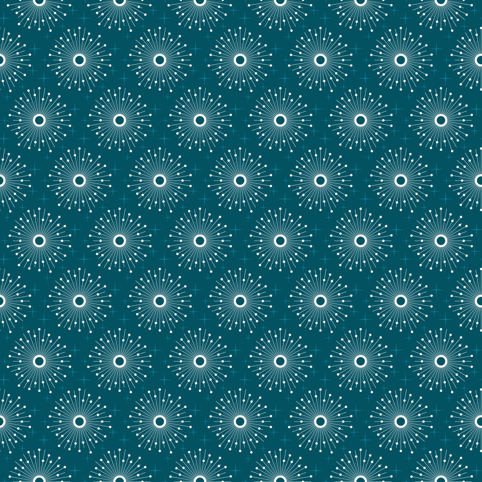 teal, turquoise, white, atomic starburst, mid-century modern, geometric pattern, radiating lines, circular motifs, retro style, sunburst design, quilting cotton, fabric panel, repeating pattern, dots, lines, vintage inspired, 1950s aesthetic, craft fabric