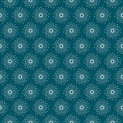 teal, turquoise, white, atomic starburst, mid-century modern, geometric pattern, radiating lines, circular motifs, retro style, sunburst design, quilting cotton, fabric panel, repeating pattern, dots, lines, vintage inspired, 1950s aesthetic, craft fabric
