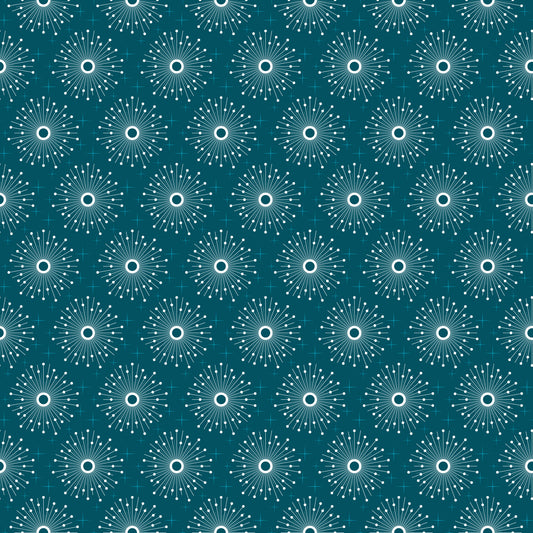 teal, turquoise, white, atomic starburst, mid-century modern, geometric pattern, radiating lines, circular motifs, retro style, sunburst design, quilting cotton, fabric panel, repeating pattern, dots, lines, vintage inspired, 1950s aesthetic, craft fabric