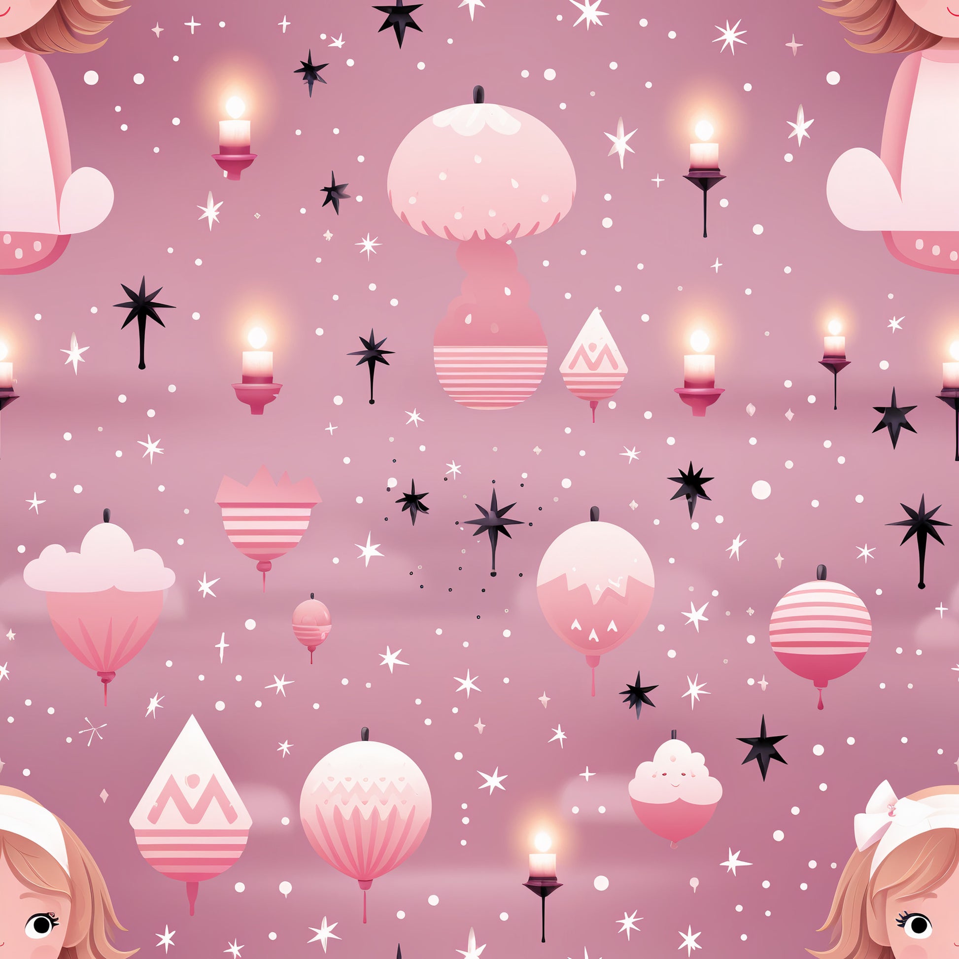 pink, rose, mauve, christmas ornaments, holiday baubles, candles, stars, geometric patterns, striped ornaments, winter wonderland, festive design, quilting cotton, fabric panel, christmas decor, holiday theme, whimsical style, soft pastels, seasonal motifs, craft fabric, sewing material