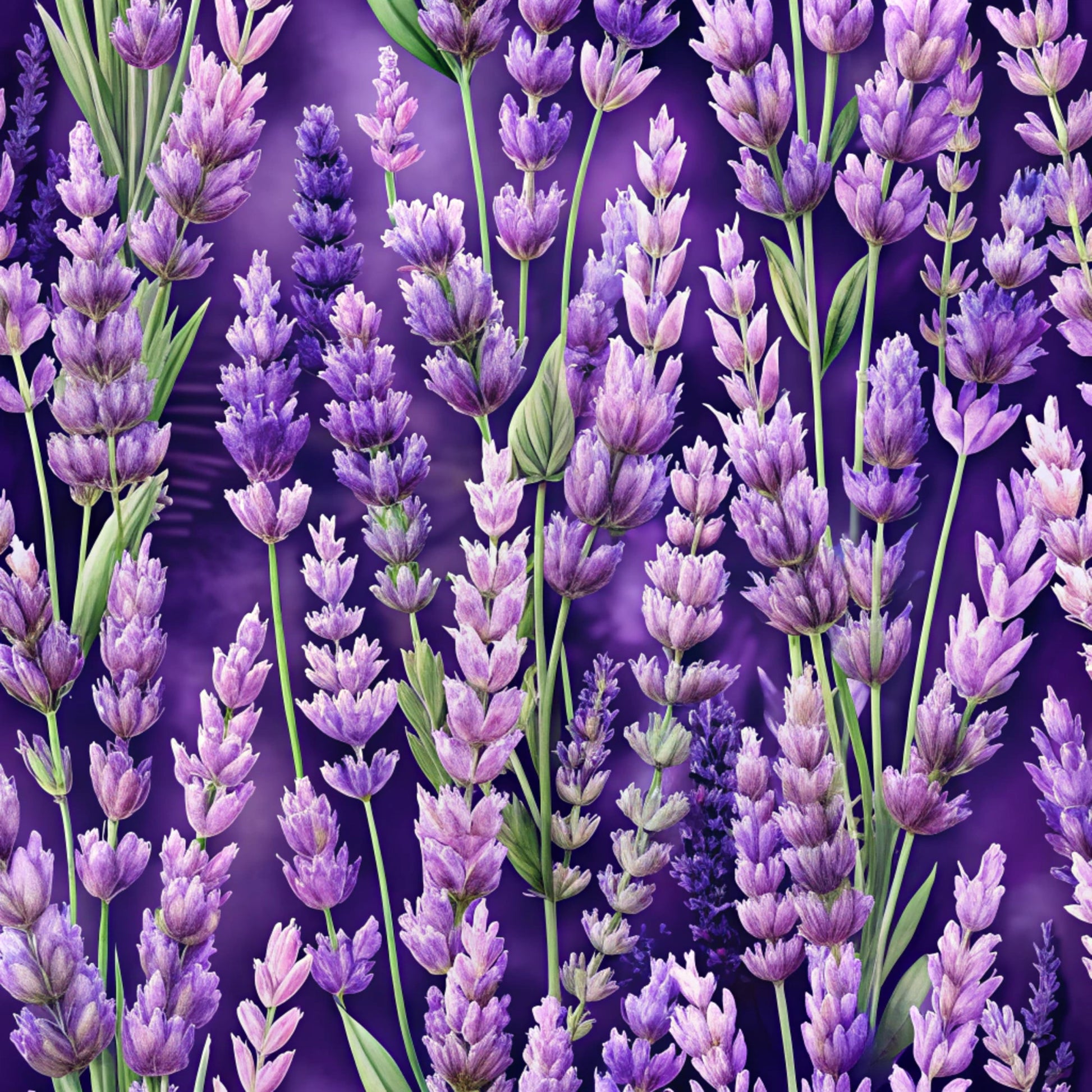 purple, lavender, violet, deep purple, green stems, realistic flowers, lavender blossoms, floral pattern, botanical design, nature motif, quilting cotton, fabric panel, spring flowers, herb garden, purple gradient, detailed florals, meadow scene, aromatic plants, cottage garden, vibrant purple