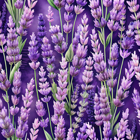 purple, lavender, violet, deep purple, green stems, realistic flowers, lavender blossoms, floral pattern, botanical design, nature motif, quilting cotton, fabric panel, spring flowers, herb garden, purple gradient, detailed florals, meadow scene, aromatic plants, cottage garden, vibrant purple
