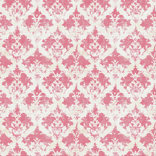 pink, cream, vintage, damask pattern, ornate motifs, floral elements, baroque style, repeating design, quilting cotton, fabric panel, decorative scrollwork, elegant, distressed texture, romantic, feminine, botanical details, symmetrical pattern, vintage wallpaper style, soft colors