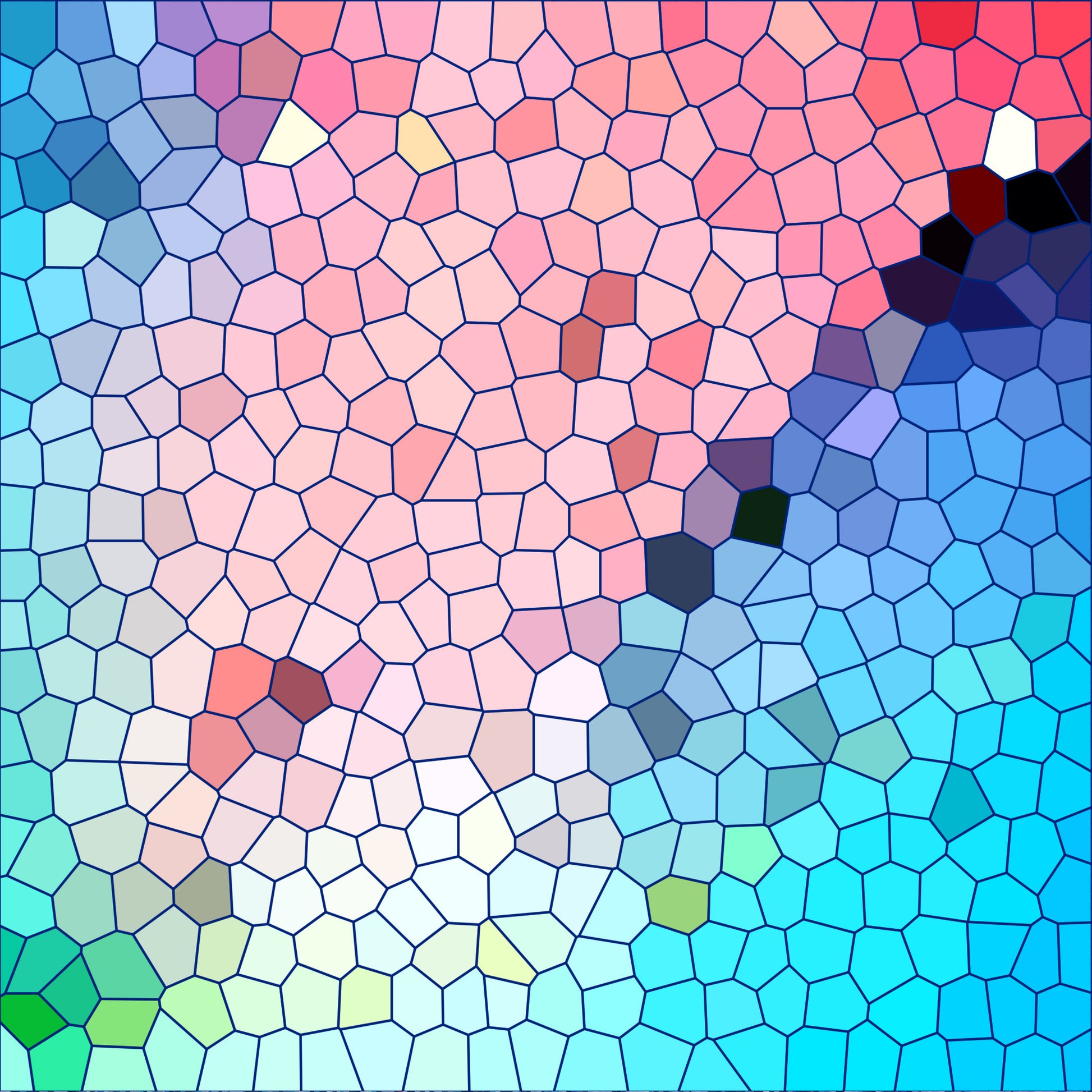 mosaic pattern, stained glass, geometric shapes, polygonal design, pink tones, coral shades, blue hues, turquoise, cyan, purple accents, green elements, gradient colors, abstract art, modern style, quilting cotton, fabric panel, crafting material, contemporary design, colorful mosaic, tessellation pattern