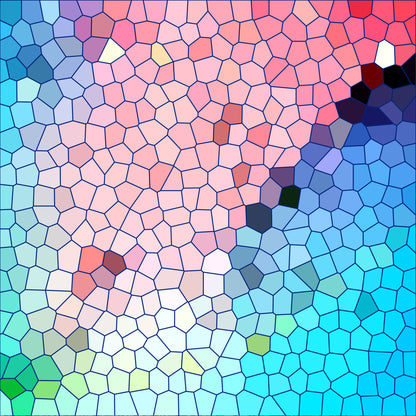 mosaic pattern, stained glass, geometric shapes, polygonal design, pink tones, coral shades, blue hues, turquoise, cyan, purple accents, green elements, gradient colors, abstract art, modern style, quilting cotton, fabric panel, crafting material, contemporary design, colorful mosaic, tessellation pattern