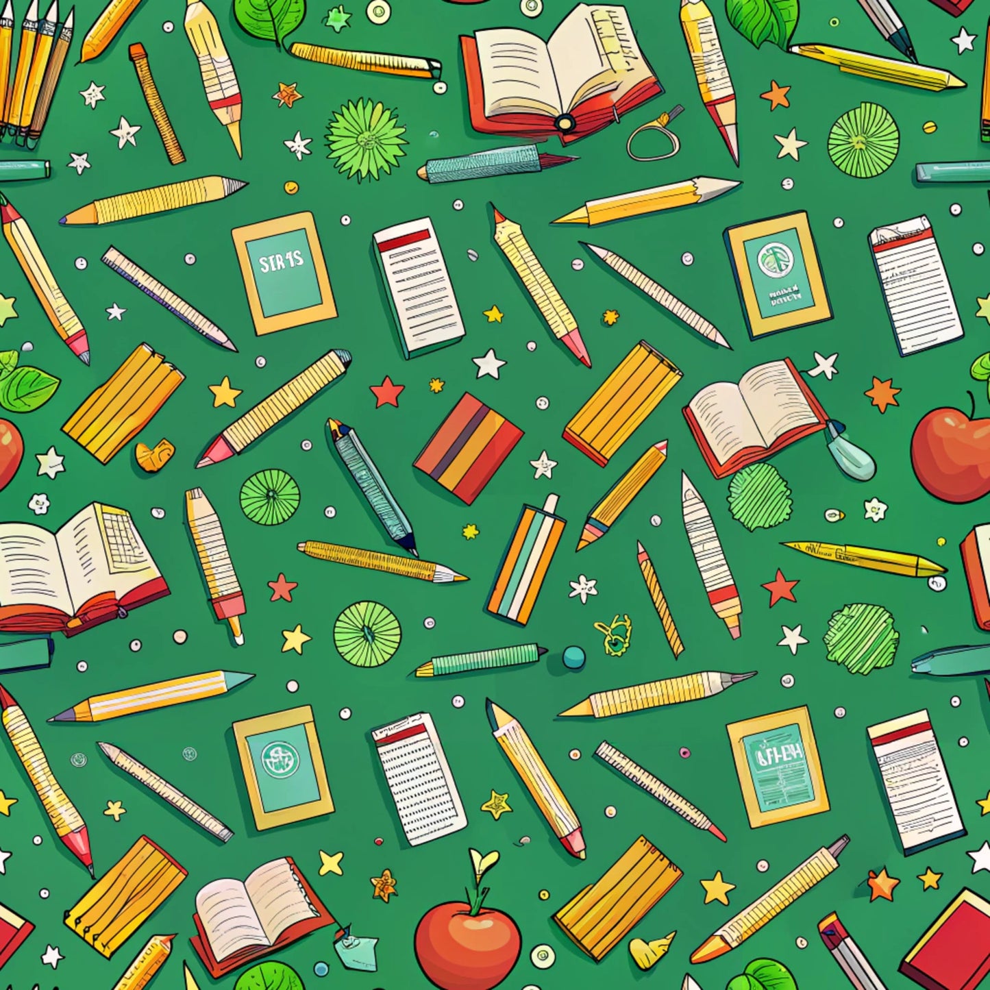 green background, school supplies, pencils, books, rulers, notebooks, apples, leaves, stars, yellow pencils, red apples, open books, writing tools, educational theme, back to school, scattered pattern, bright colors, orange stars, white stars, quilting cotton, fabric panel, academic motifs, stationery items, learning supplies
