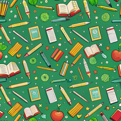 green background, school supplies, pencils, books, rulers, notebooks, apples, leaves, stars, yellow pencils, red apples, open books, writing tools, educational theme, back to school, scattered pattern, bright colors, orange stars, white stars, quilting cotton, fabric panel, academic motifs, stationery items, learning supplies