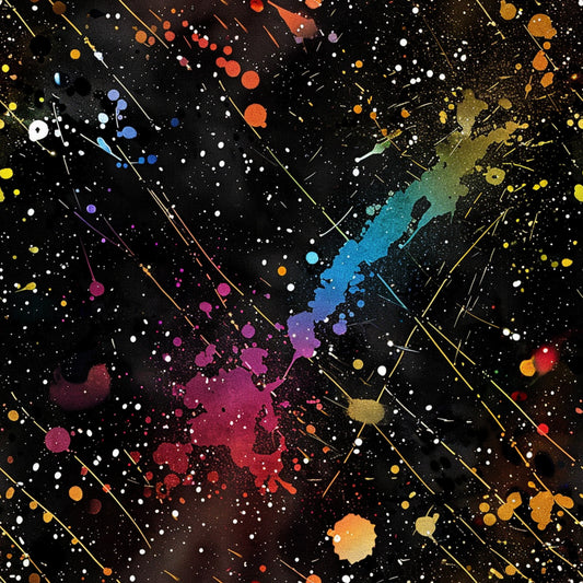 glitter, paint splatter, abstract, cosmic, galaxy, black background, rainbow colors, vibrant, metallic accents, streaking lines, colorful dots, space theme, artistic, modern, quilting cotton, fabric panel, celestial, multicolored, dynamic movement, contemporary design