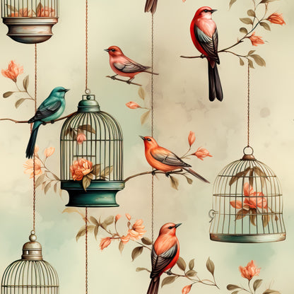 vintage birdcages, coral birds, teal bird, hanging cages, floral branches, peach flowers, beige background, ornate cages, perched birds, botanical elements, quilting cotton, fabric panel, whimsical pattern, soft pastels, decorative chains, songbirds, nature motif, crafting fabric, sewing material, romantic style