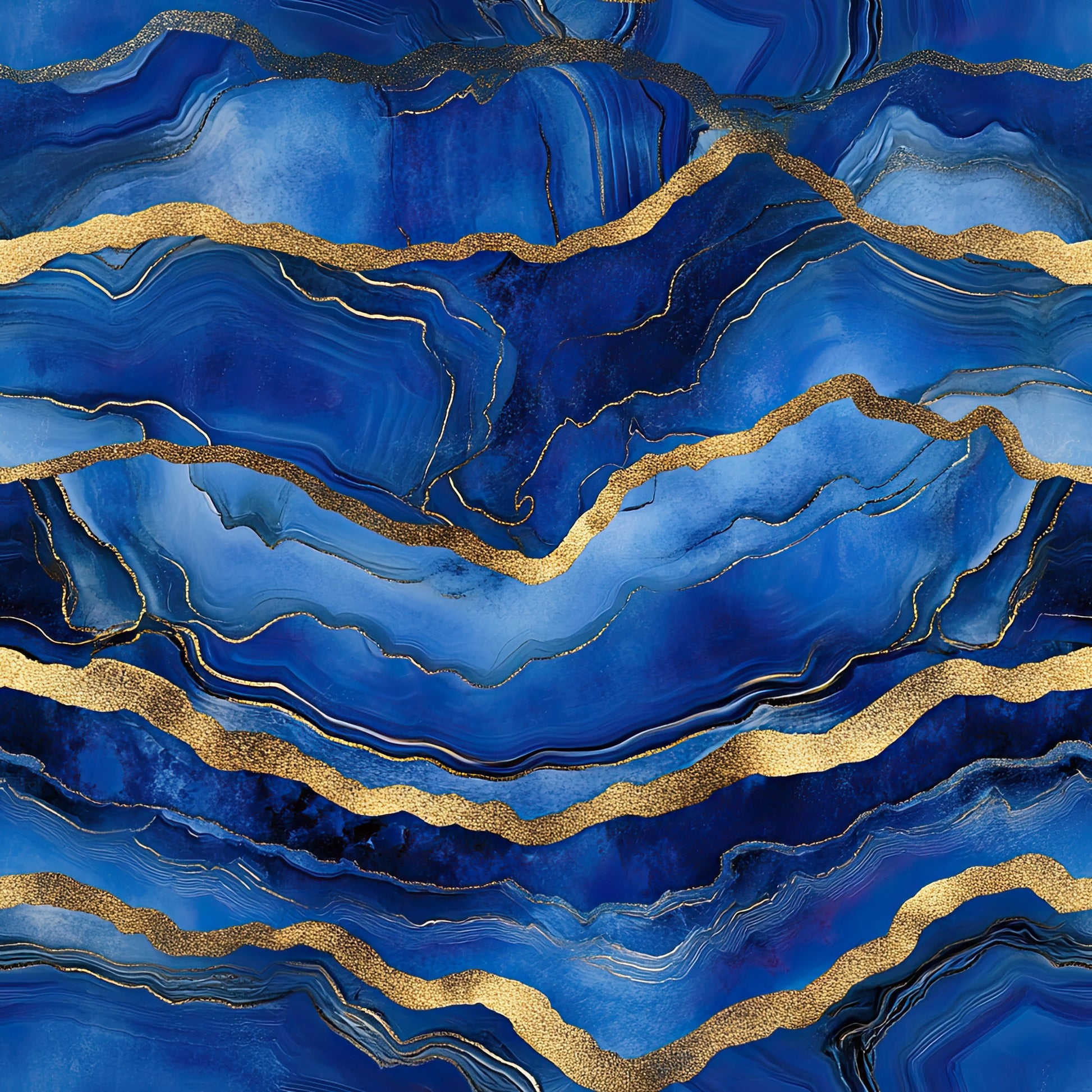 royal blue, deep blue, cobalt blue, gold, metallic gold, agate pattern, geode design, marble veining, flowing lines, organic shapes, luxurious, elegant, mineral inspired, geological, fluid art, marbled texture, quilting cotton, fabric panel, jewel tones, sophisticated