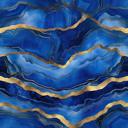 royal blue, deep blue, cobalt blue, gold, metallic gold, agate pattern, geode design, marble veining, flowing lines, organic shapes, luxurious, elegant, mineral inspired, geological, fluid art, marbled texture, quilting cotton, fabric panel, jewel tones, sophisticated