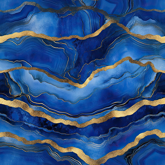 royal blue, deep blue, cobalt blue, gold, metallic gold, agate pattern, geode design, marble veining, flowing lines, organic shapes, luxurious, elegant, mineral inspired, geological, fluid art, marbled texture, quilting cotton, fabric panel, jewel tones, sophisticated