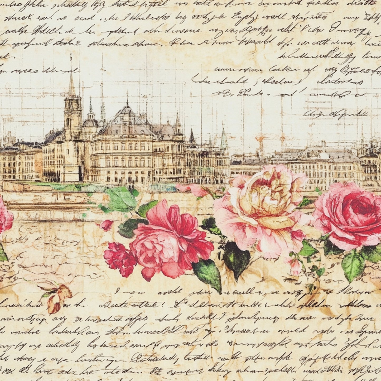 vintage cityscape, pink roses, cream background, handwritten script, european architecture, floral motif, quilting cotton, fabric panel, botanical illustration, aged parchment, sepia tones, romantic style, ornate buildings, cathedral spires, watercolor flowers, dusty rose, sage green, antique lettering, scenic landscape, decorative roses