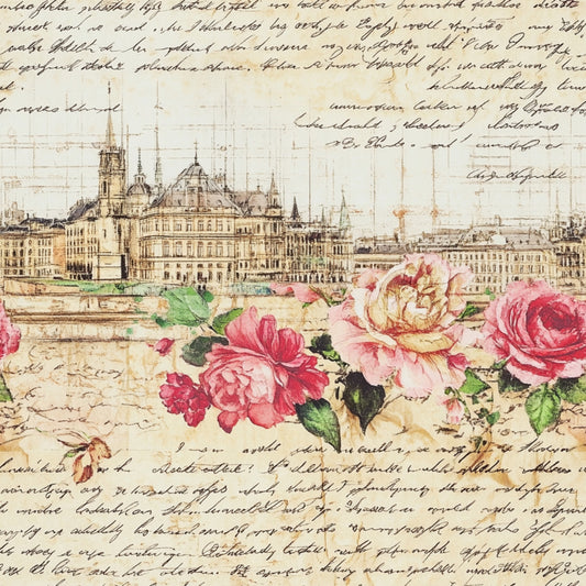 vintage cityscape, pink roses, cream background, handwritten script, european architecture, floral motif, quilting cotton, fabric panel, botanical illustration, aged parchment, sepia tones, romantic style, ornate buildings, cathedral spires, watercolor flowers, dusty rose, sage green, antique lettering, scenic landscape, decorative roses
