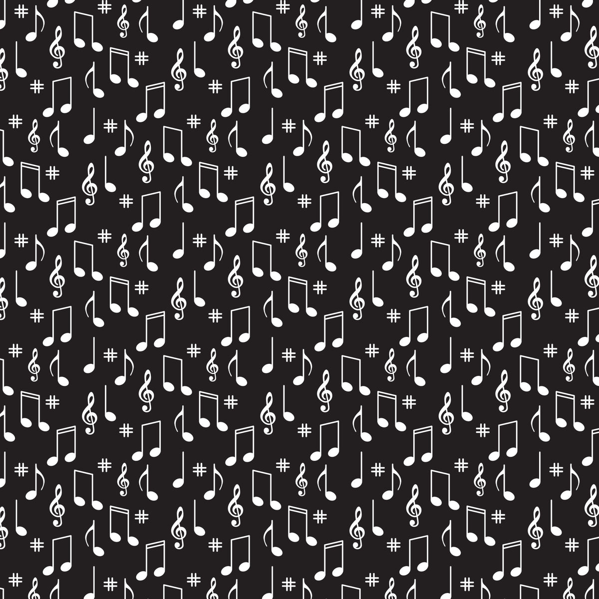 black background, white musical notes, treble clef, sharp symbols, music notation, scattered pattern, monochrome design, quilting cotton, fabric panel, retro style, 1950s aesthetic, diner theme, vintage pattern, musical motifs, geometric arrangement, high contrast, cotton fabric, crafting material, sewing supplies