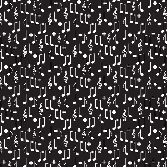 black background, white musical notes, treble clef, sharp symbols, music notation, scattered pattern, monochrome design, quilting cotton, fabric panel, retro style, 1950s aesthetic, diner theme, vintage pattern, musical motifs, geometric arrangement, high contrast, cotton fabric, crafting material, sewing supplies