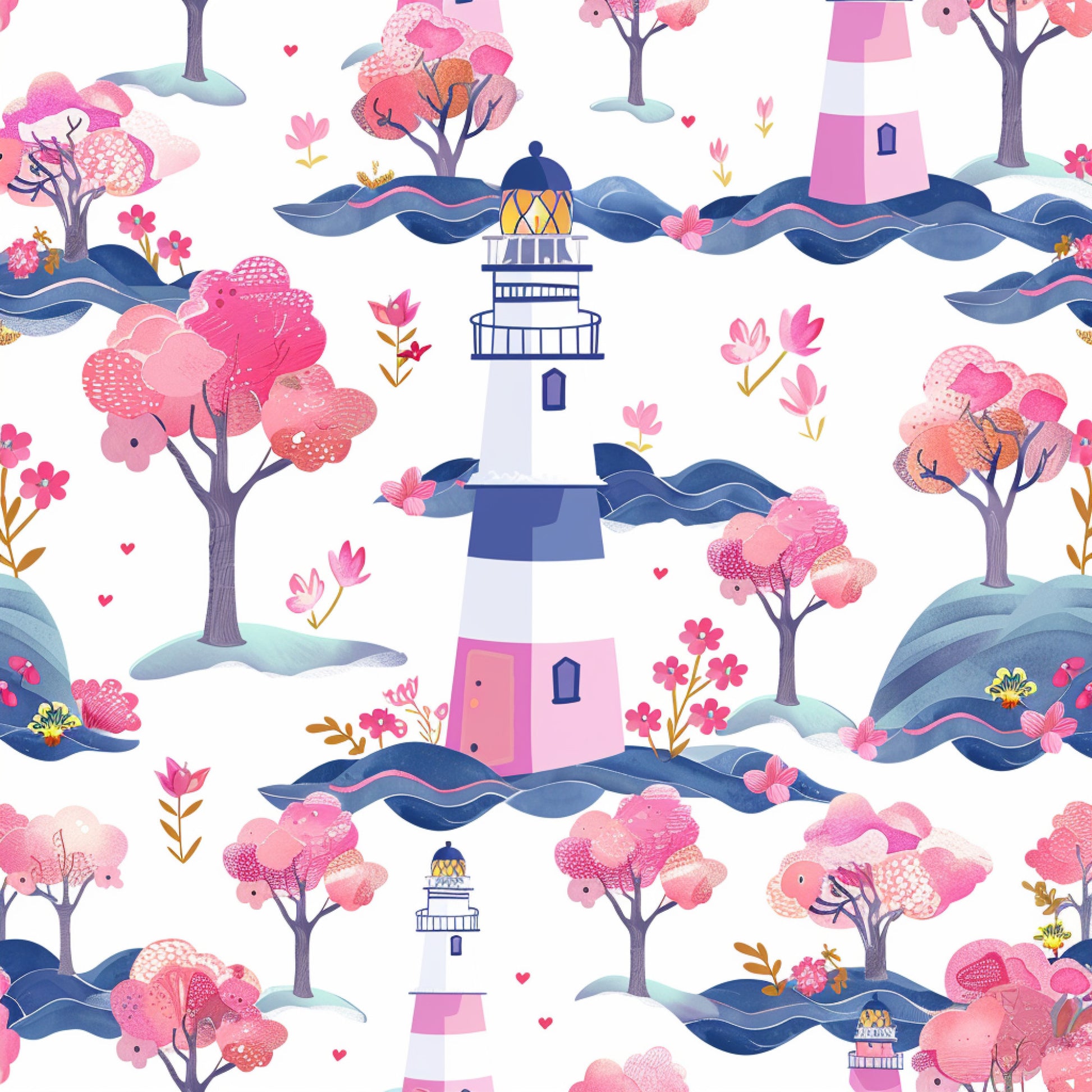 pink, coral, navy blue, white, lighthouse, cherry blossoms, flowering trees, ocean waves, springtime, floral pattern, whimsical illustration, nautical theme, quilting cotton, fabric panel, seamless repeat, coastal scene, blooming flowers, pastel colors, maritime design, spring blossoms