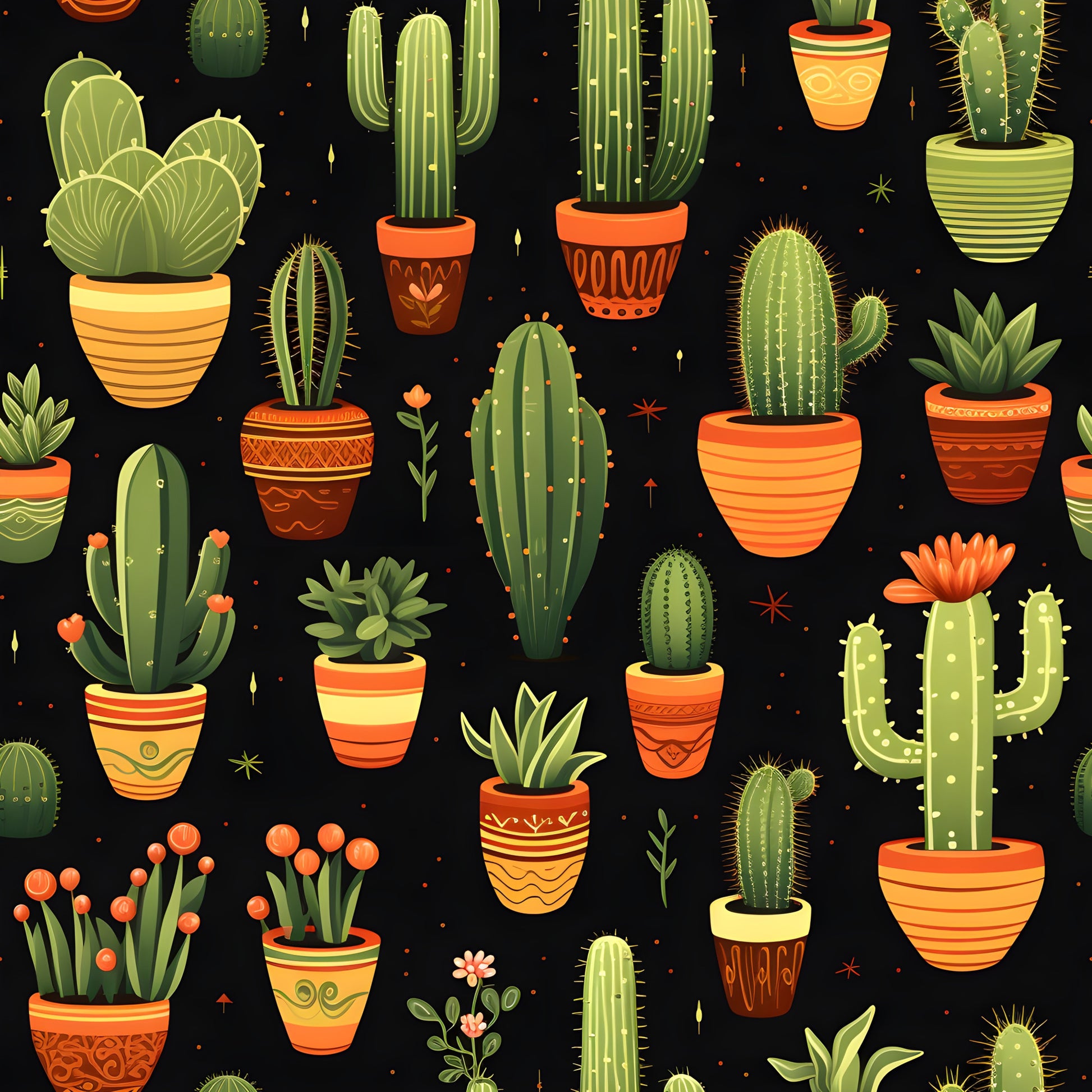 retro cactus, potted plants, succulents, orange pots, terracotta planters, green cacti, black background, desert plants, botanical pattern, quilting cotton, fabric panel, southwestern style, vintage illustration, houseplants, prickly pear, barrel cactus, decorative pots, geometric planters, spiky plants, desert theme