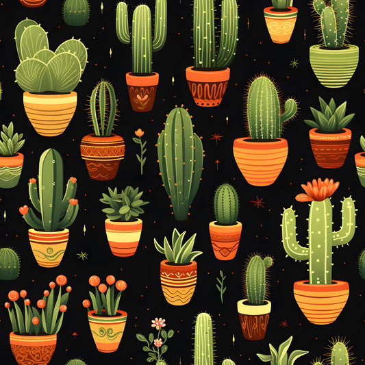 retro cactus, potted plants, succulents, orange pots, terracotta planters, green cacti, black background, desert plants, botanical pattern, quilting cotton, fabric panel, southwestern style, vintage illustration, houseplants, prickly pear, barrel cactus, decorative pots, geometric planters, spiky plants, desert theme