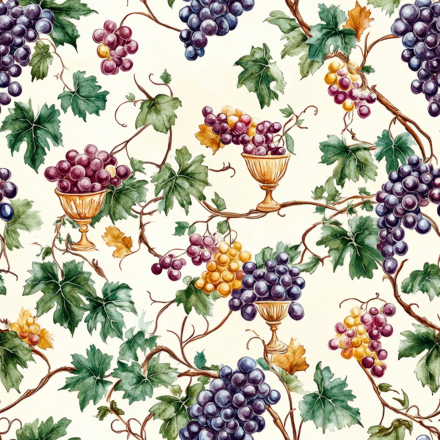 grape clusters, vineyard pattern, wine theme, purple grapes, golden grapes, green leaves, vine branches, decorative urns, chalices, watercolor style, botanical design, harvest motif, cream background, quilting cotton, fabric panel, wine country, autumn colors, repeating pattern, natural elements, wine vessels