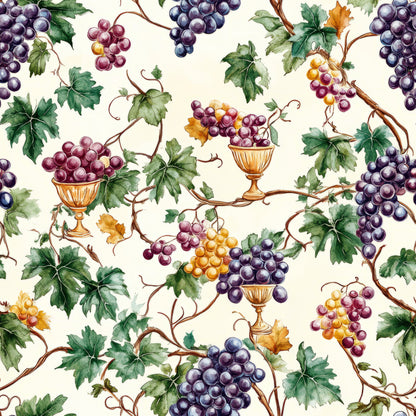 grape clusters, vineyard pattern, wine theme, purple grapes, golden grapes, green leaves, vine branches, decorative urns, chalices, watercolor style, botanical design, harvest motif, cream background, quilting cotton, fabric panel, wine country, autumn colors, repeating pattern, natural elements, wine vessels