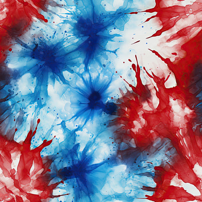 red, white, blue, tie-dye, watercolor splashes, abstract bursts, patriotic colors, explosive pattern, radiating design, cotton fabric, quilting panel, americana theme, starburst effect, paint splatter, artistic swirls, fourth of july, independence day, summer celebration, craft fabric, textile art