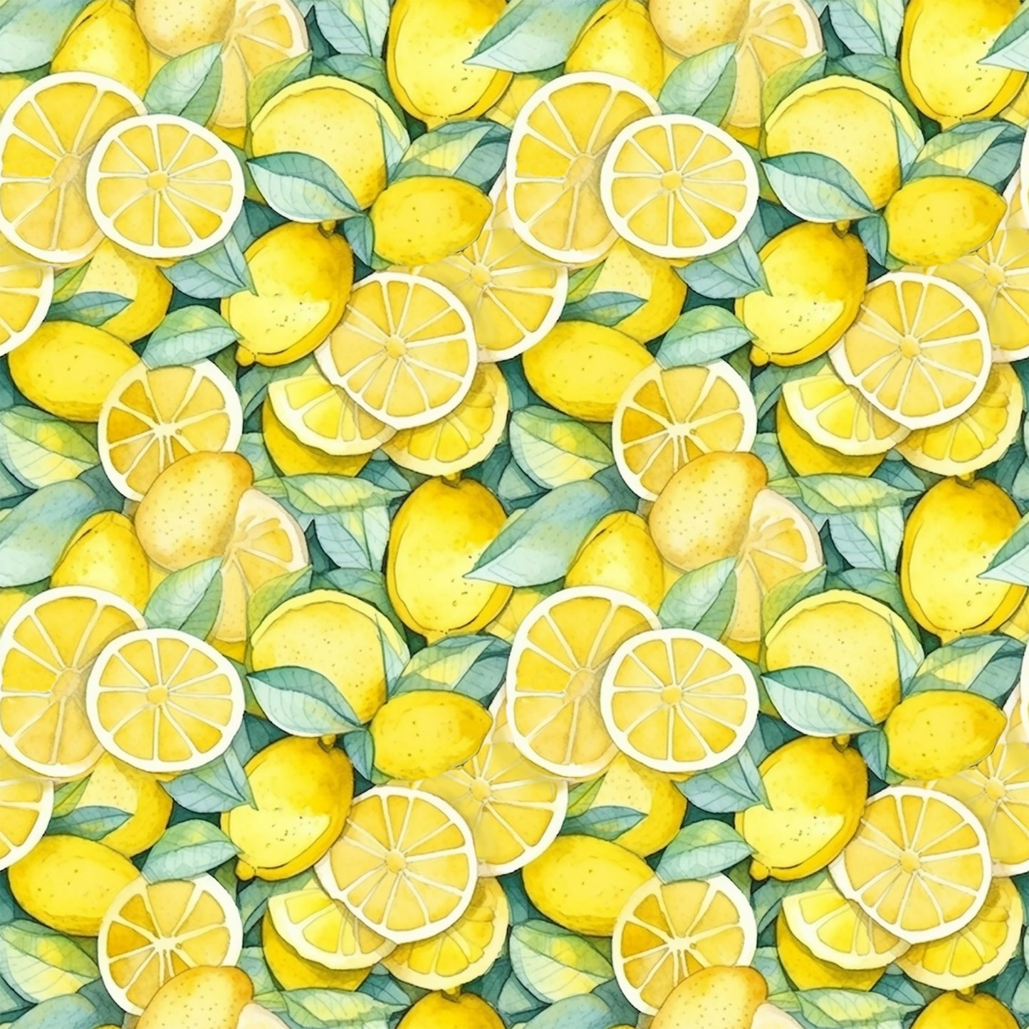 yellow, bright yellow, golden yellow, green leaves, lemon slices, whole lemons, citrus fruit, watercolor style, botanical pattern, repeating pattern, fresh fruit, summer theme, quilting cotton, fabric panel, juice, zesty, organic shapes, natural elements, kitchen theme, cheerful mood