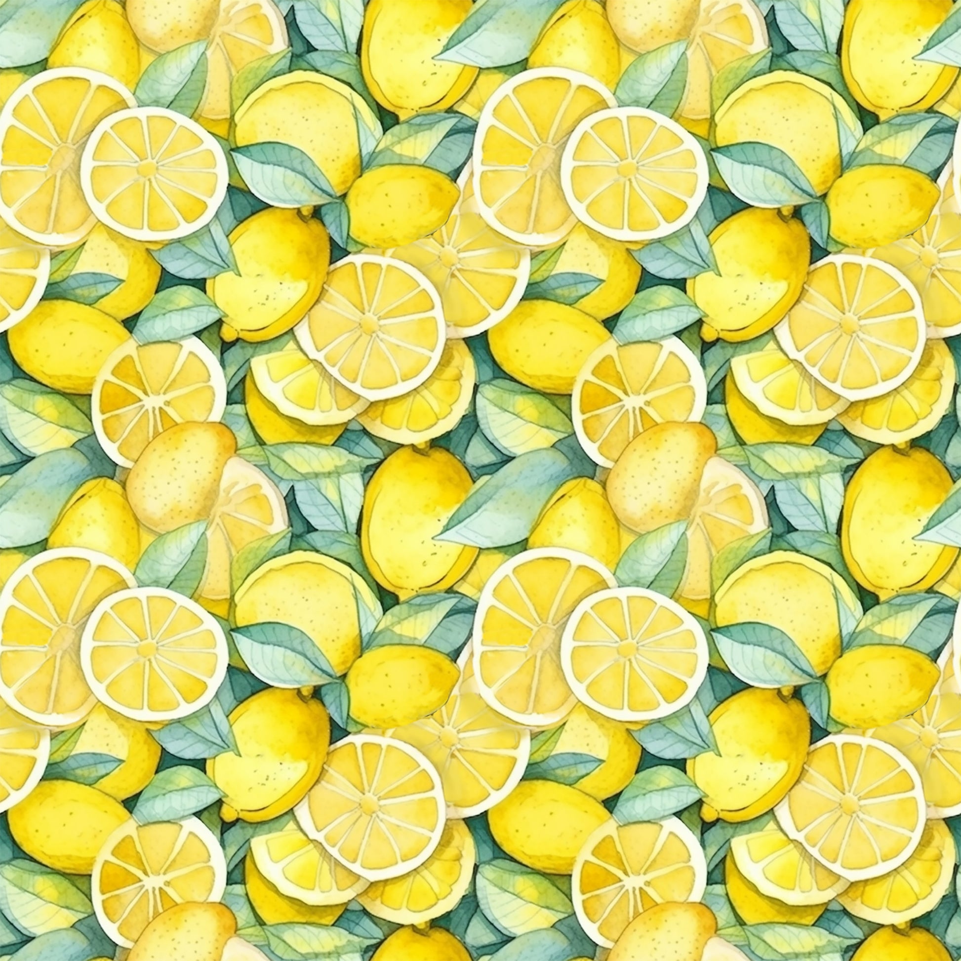 yellow, bright yellow, golden yellow, green leaves, lemon slices, whole lemons, citrus fruit, watercolor style, botanical pattern, repeating pattern, fresh fruit, summer theme, quilting cotton, fabric panel, juice, zesty, organic shapes, natural elements, kitchen theme, cheerful mood