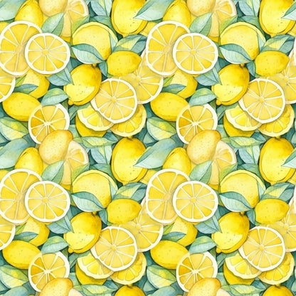 yellow, bright yellow, golden yellow, green leaves, lemon slices, whole lemons, citrus fruit, watercolor style, botanical pattern, repeating pattern, fresh fruit, summer theme, quilting cotton, fabric panel, juice, zesty, organic shapes, natural elements, kitchen theme, cheerful mood