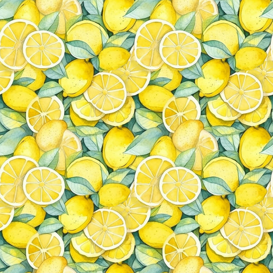 yellow, bright yellow, golden yellow, green leaves, lemon slices, whole lemons, citrus fruit, watercolor style, botanical pattern, repeating pattern, fresh fruit, summer theme, quilting cotton, fabric panel, juice, zesty, organic shapes, natural elements, kitchen theme, cheerful mood