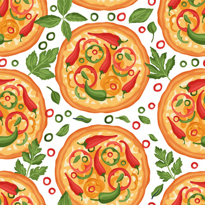 pizza pattern, quilting cotton, fabric panel, orange, red, green, yellow, white background, food motif, italian cuisine, pepperoni, bell peppers, basil leaves, cheese, circular design, repeating pattern, kitchen theme, cooking motif, colorful, bright colors, food illustration