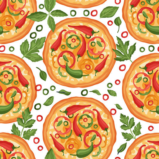pizza pattern, quilting cotton, fabric panel, orange, red, green, yellow, white background, food motif, italian cuisine, pepperoni, bell peppers, basil leaves, cheese, circular design, repeating pattern, kitchen theme, cooking motif, colorful, bright colors, food illustration
