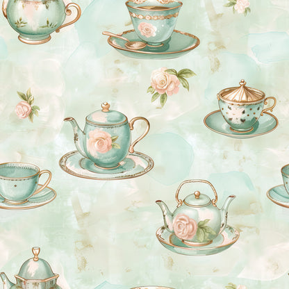 mint green, blush pink, rose gold, watercolor style, teacups, teapots, saucers, floral roses, tea party, vintage china, delicate pattern, quilting cotton, fabric panel, whimsical design, shabby chic, pastel colors, botanical elements, cottage core, feminine motif, repeating pattern