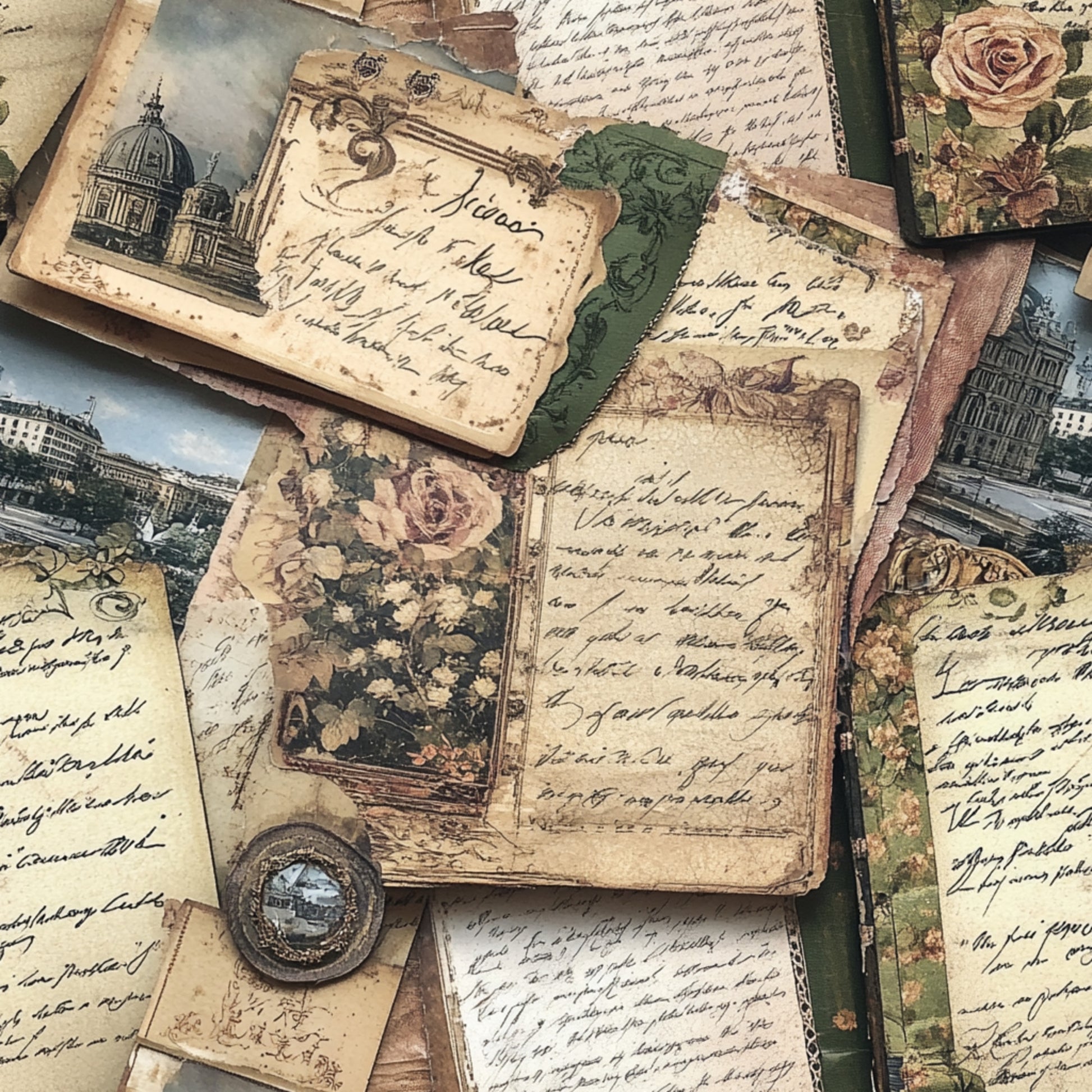 vintage postcards, aged paper, handwritten script, european architecture, cathedral buildings, roses, floral motifs, sepia tones, beige, cream, sage green, dusty rose, antique letters, travel themes, old world charm, weathered textures, quilting cotton, fabric panel, nostalgic mood, ornate borders