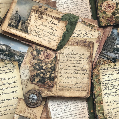 vintage postcards, aged paper, handwritten script, european architecture, cathedral buildings, roses, floral motifs, sepia tones, beige, cream, sage green, dusty rose, antique letters, travel themes, old world charm, weathered textures, quilting cotton, fabric panel, nostalgic mood, ornate borders