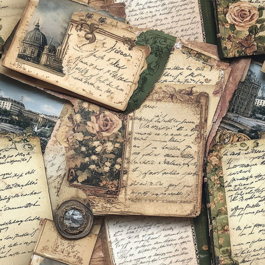 vintage postcards, aged paper, handwritten script, european architecture, cathedral buildings, roses, floral motifs, sepia tones, beige, cream, sage green, dusty rose, antique letters, travel themes, old world charm, weathered textures, quilting cotton, fabric panel, nostalgic mood, ornate borders