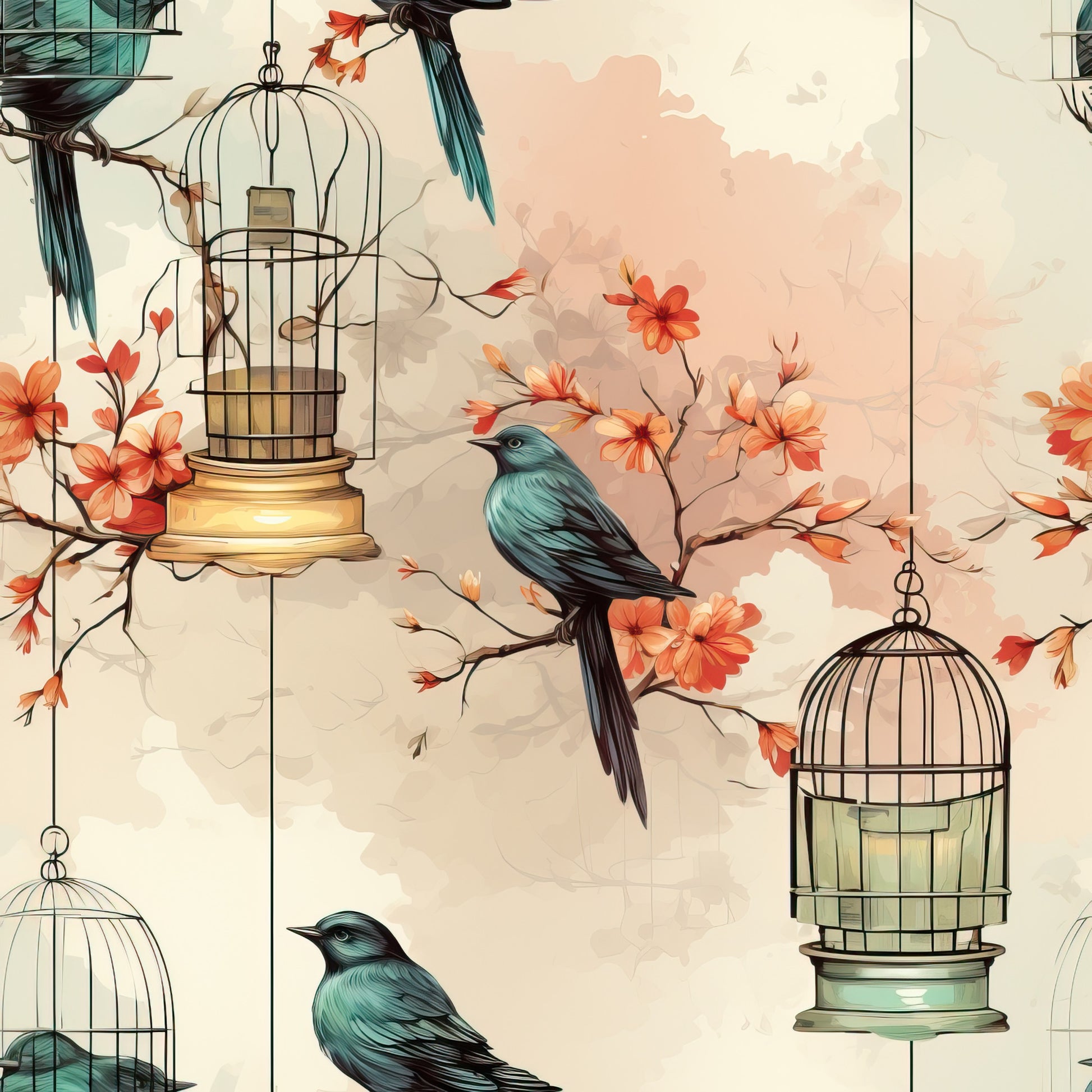 vintage birdcages, teal birds, coral flowers, peach blossoms, ornate cages, flowering branches, soft pastels, whimsical illustration, quilting cotton, fabric panel, nature motif, decorative birds, antique style, delicate artwork, spring theme, botanical elements, muted tones, charming design