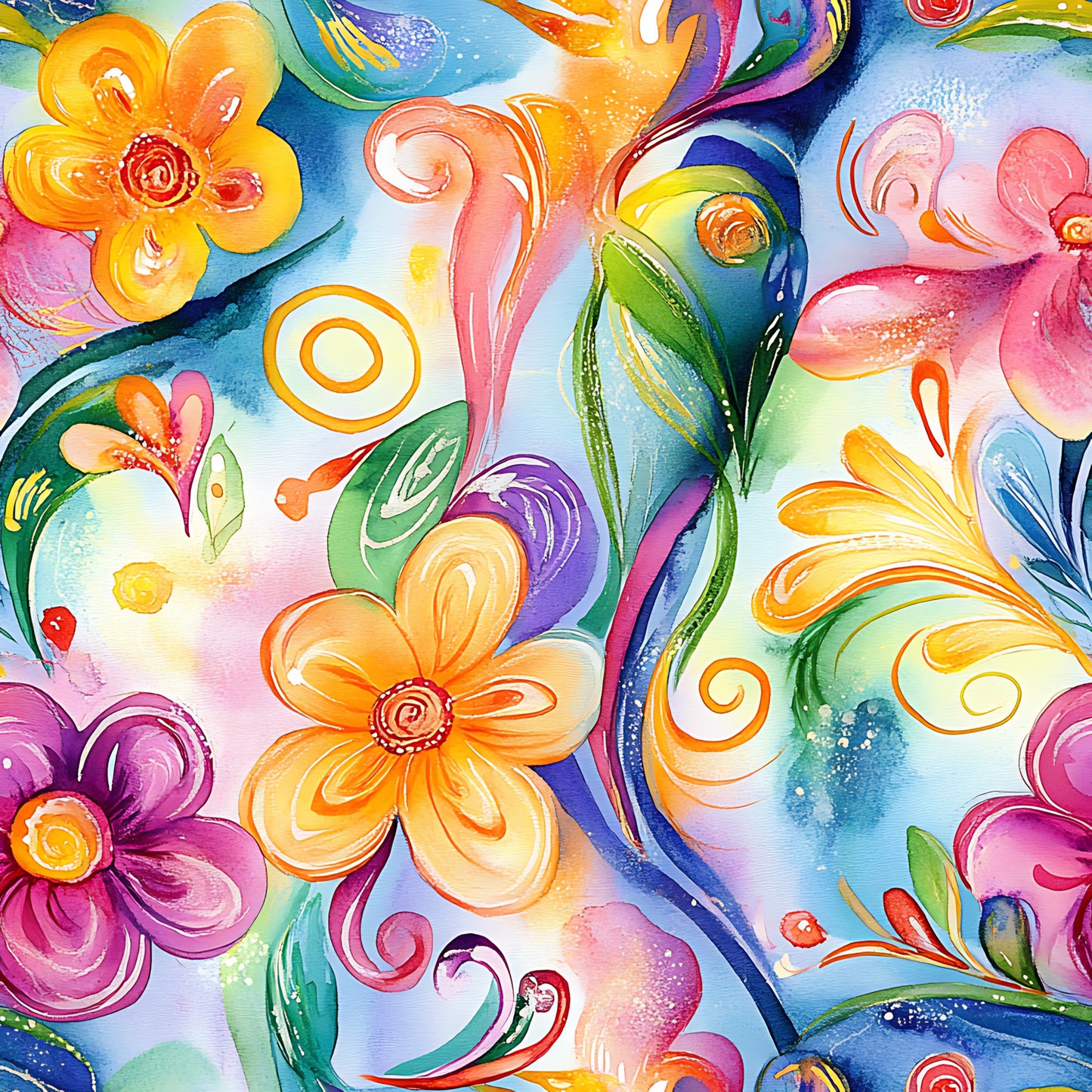 vibrant colors, abstract floral, watercolor style, orange flowers, purple blooms, swirling patterns, flowing designs, multicolored background, artistic brushstrokes, quilting cotton, fabric panel, contemporary art, whimsical florals, bright palette, decorative swirls, painted effect, modern floral, colorful blooms, artistic pattern