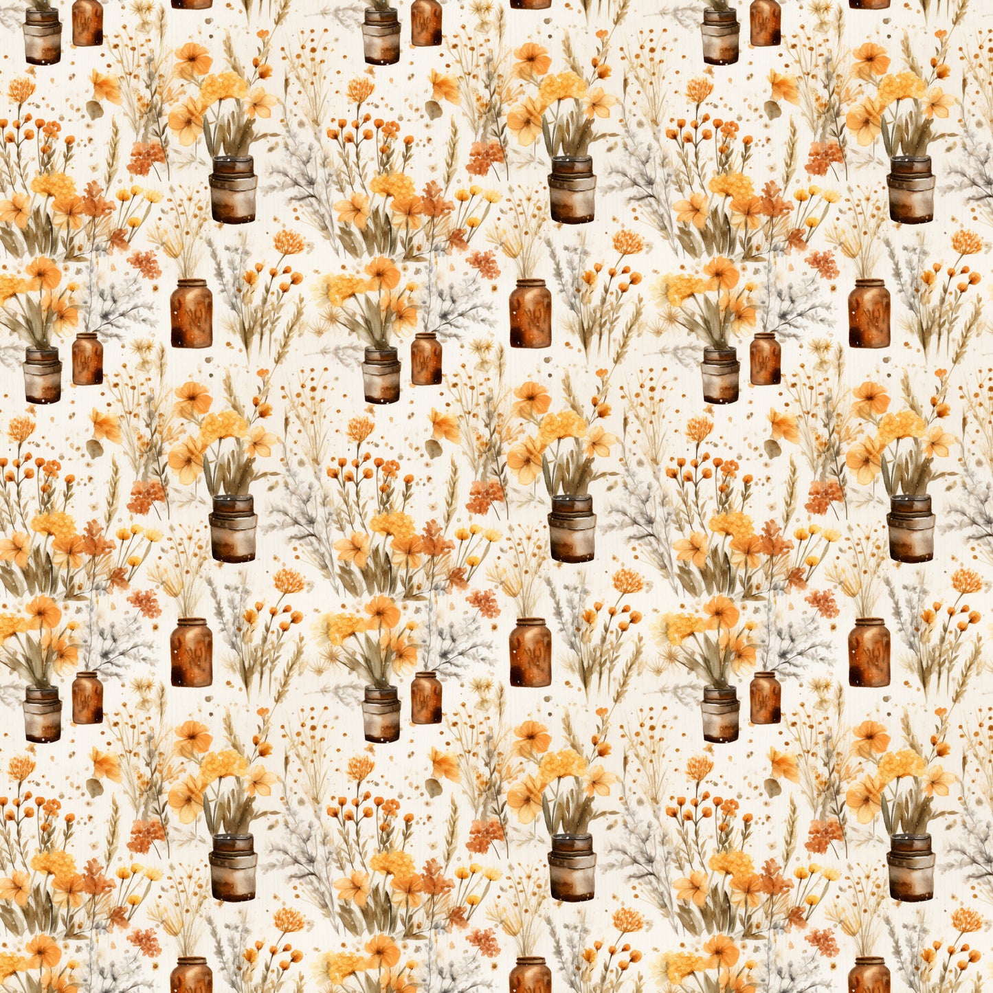 orange flowers, amber jars, cream background, watercolor style, floral bouquets, rustic vases, autumn blooms, botanical pattern, warm tones, quilting cotton, repeating motif, vintage style, dried flowers, mason jars, cottage core, soft florals, peachy orange, earthy palette, shabby chic