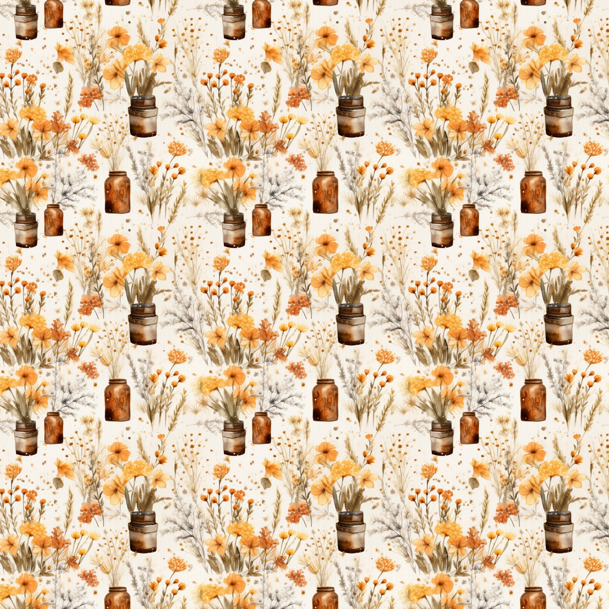 orange flowers, amber jars, cream background, watercolor style, floral bouquets, rustic vases, autumn blooms, botanical pattern, warm tones, quilting cotton, repeating motif, vintage style, dried flowers, mason jars, cottage core, soft florals, peachy orange, earthy palette, shabby chic