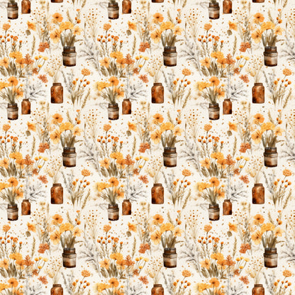 orange flowers, amber jars, cream background, watercolor style, floral bouquets, rustic vases, autumn blooms, botanical pattern, warm tones, quilting cotton, repeating motif, vintage style, dried flowers, mason jars, cottage core, soft florals, peachy orange, earthy palette, shabby chic